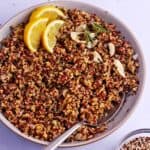 Tri-color quinoa with shallots, almonds, rosemary, and lemon.