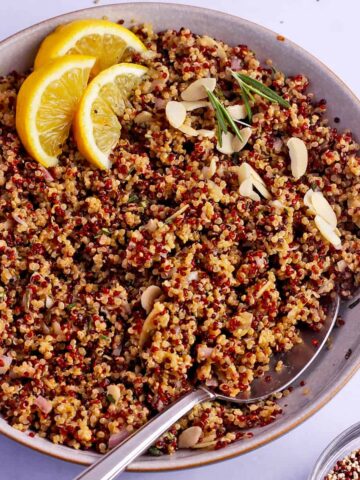 Tri-color quinoa with shallots, almonds, rosemary, and lemon.