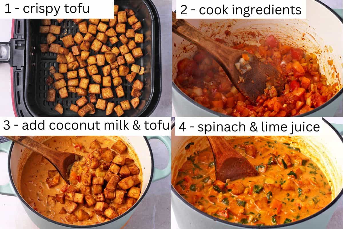 The steps for making Thai vegan coconut tofu curry.