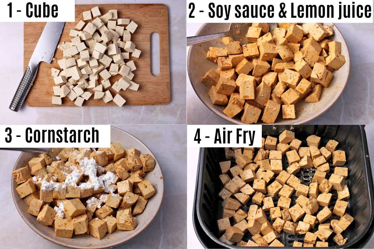 Steps for making air fryer tofu.