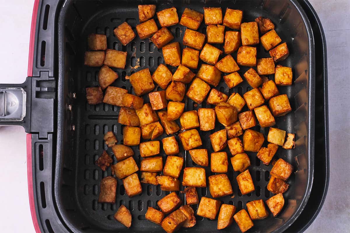 Crispy tofu cubes in the air fryer.