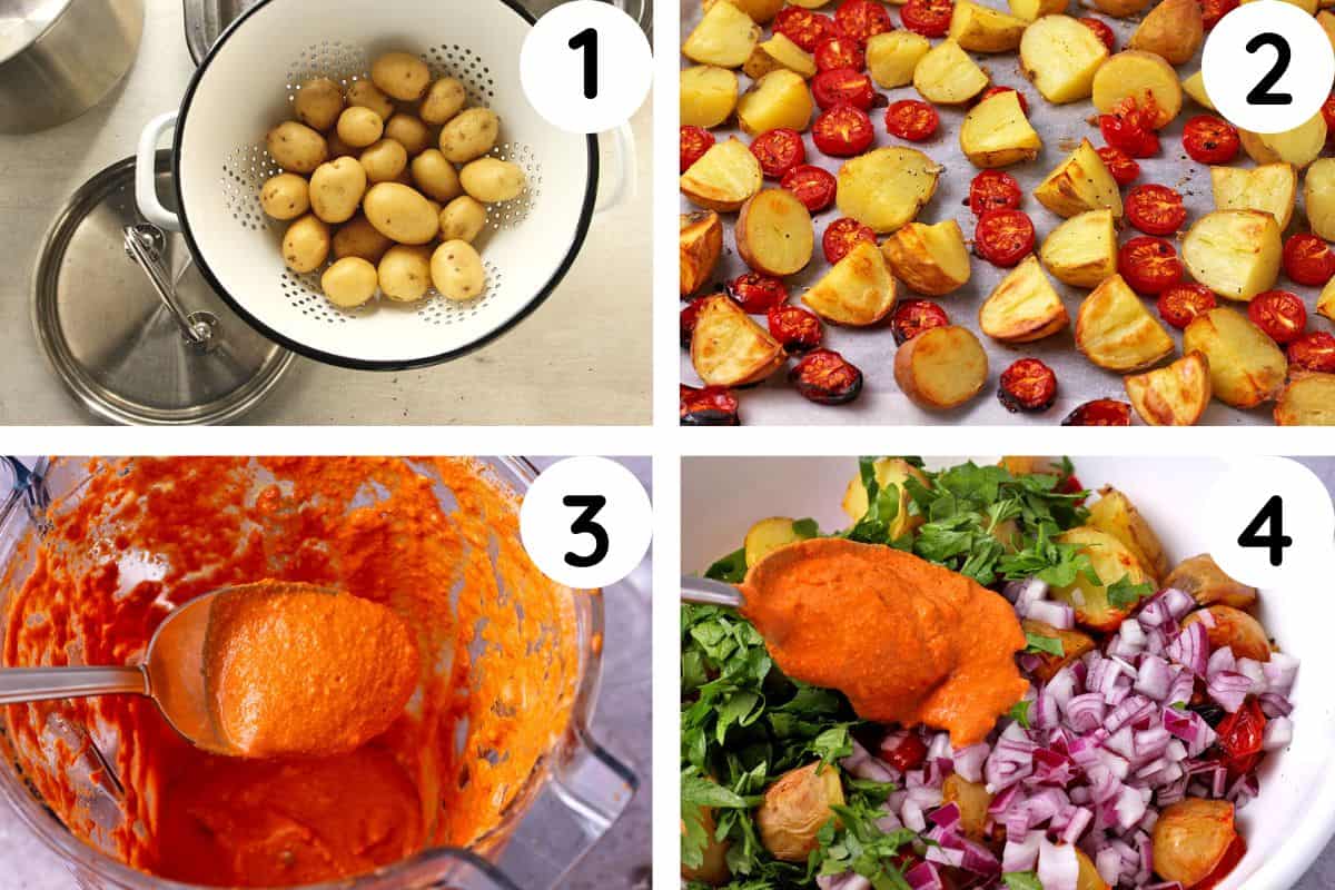 The process for making parboiled and roasted potatoes, barbeque dressing and mixing potato salad.