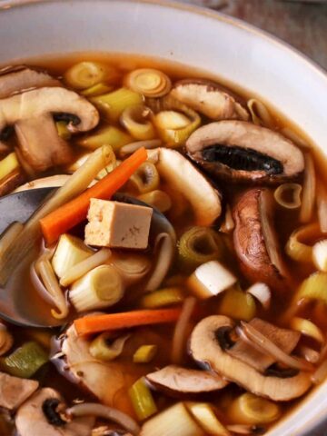 Hot and sour soup with mushrooms, scallions, carrots, bean sprouts, and tofu in a bowl with a spoon.