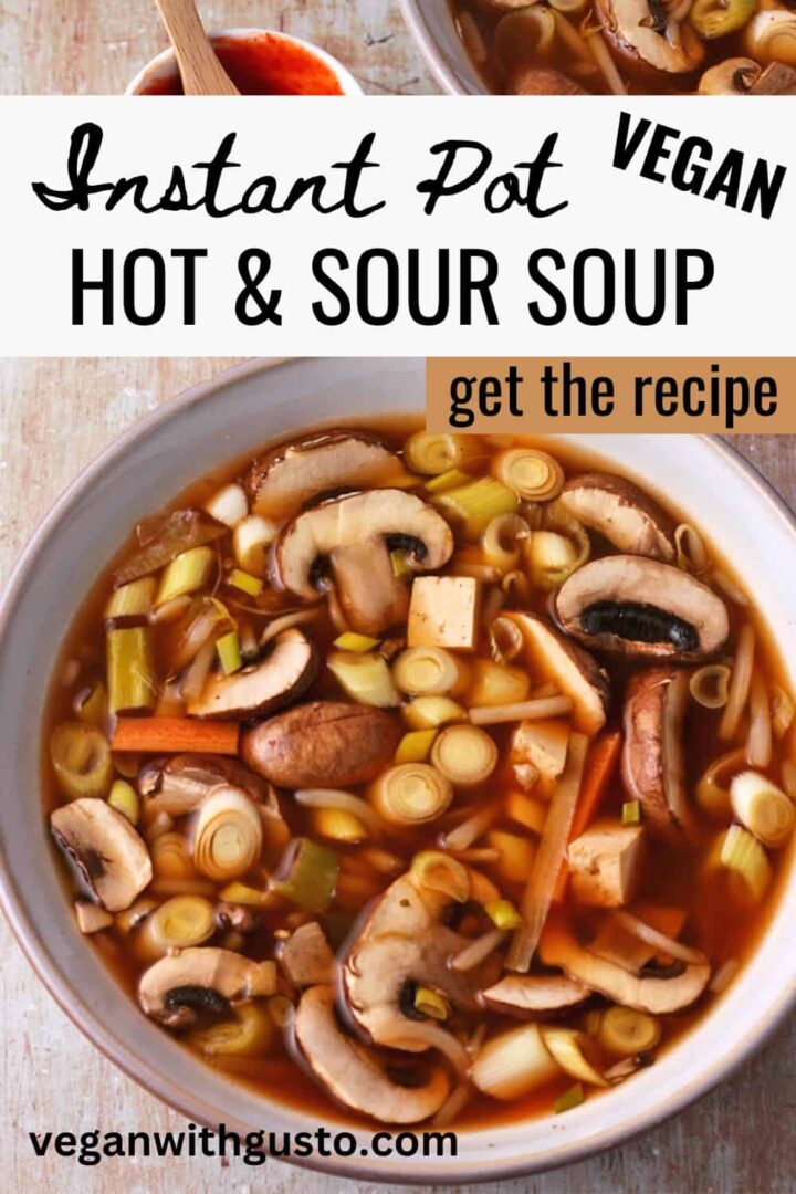 A bowl of hot and sour soup with tofu and recipe title in text overlay.
