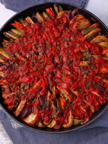 briam, vegetable casserole in tomato sauce.