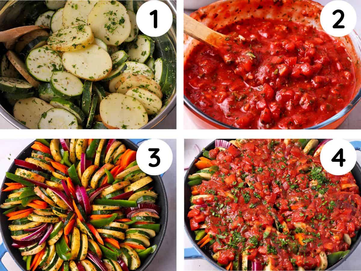 The process for making briam with vegetables and tomato sauce.