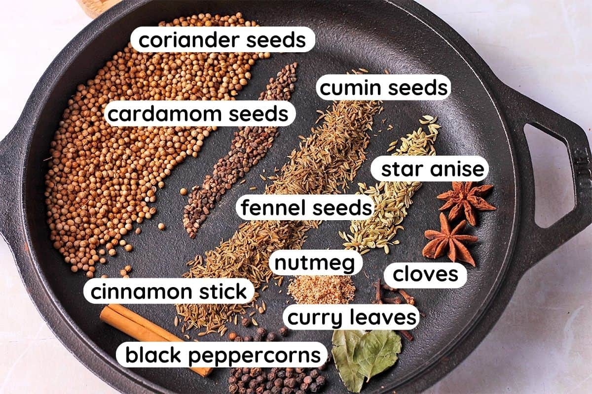 Ingredients for garam masala with labels.