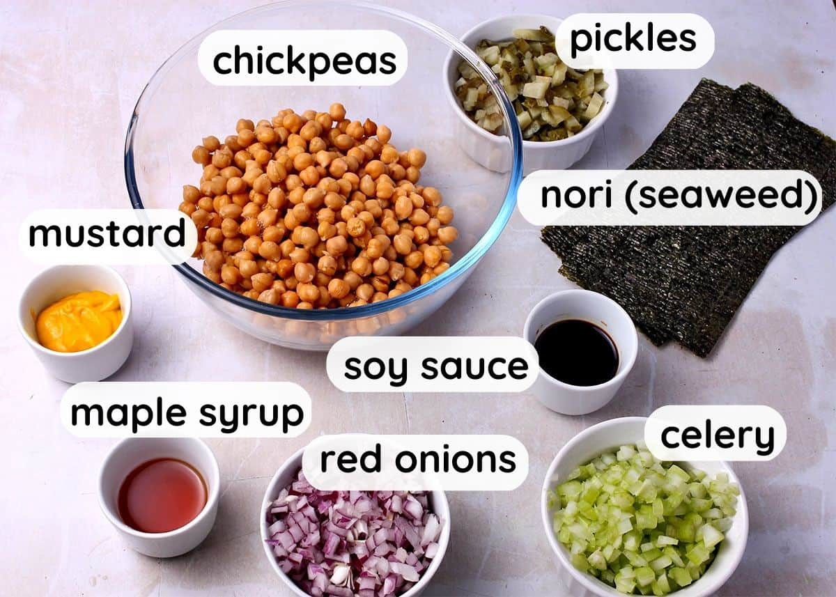 The ingredients for vegan tuna with labels.