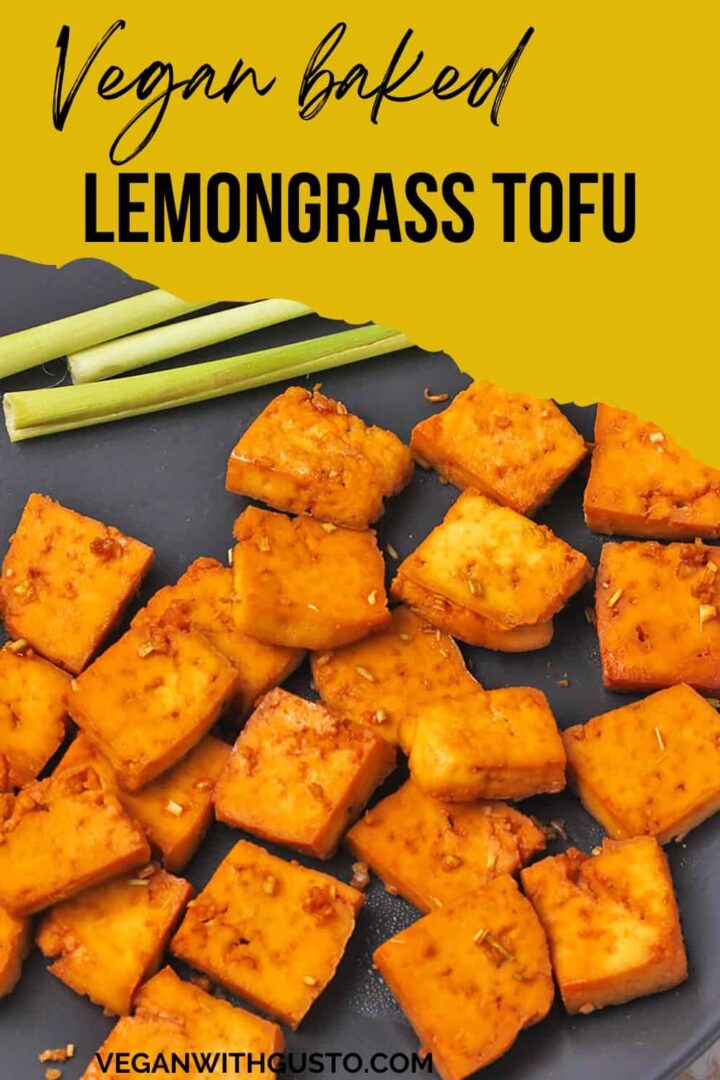 Baked lemongrass tofu cubes on a plate with text overlay.