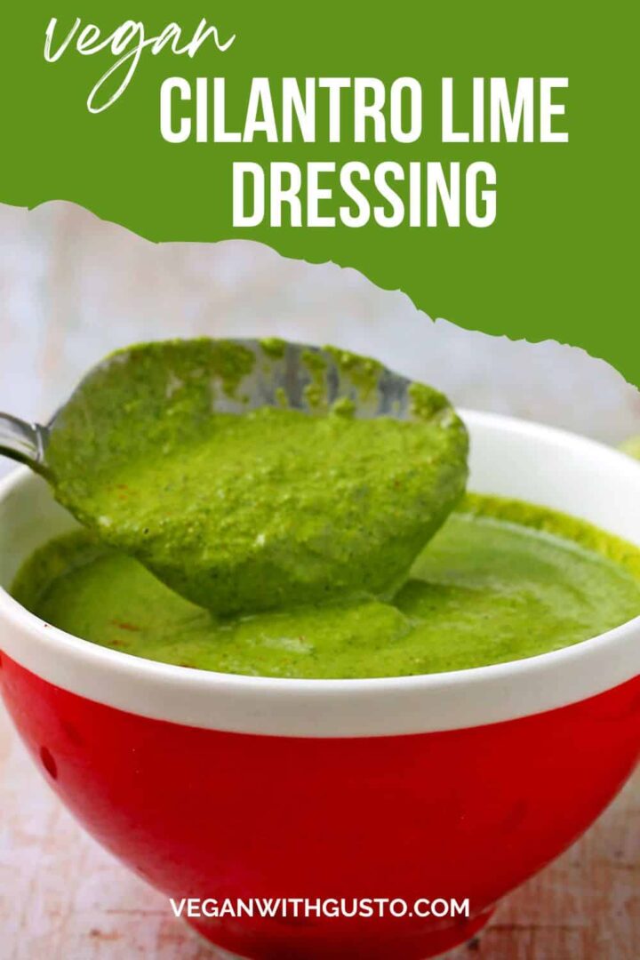 A spoon dipped in a red bowl of cilantro lime dressing with text overlay.