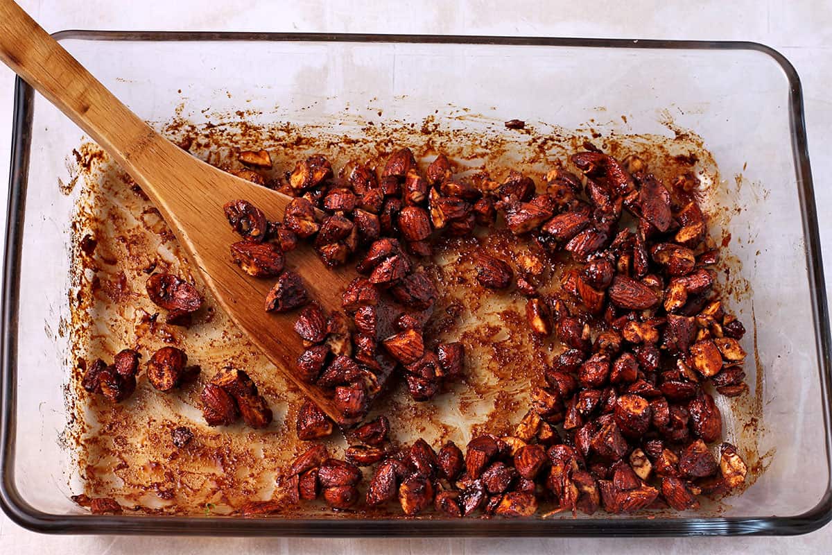 Almonds are baked in soy sauce, maple syrup, and Chinese 5-spice powder.