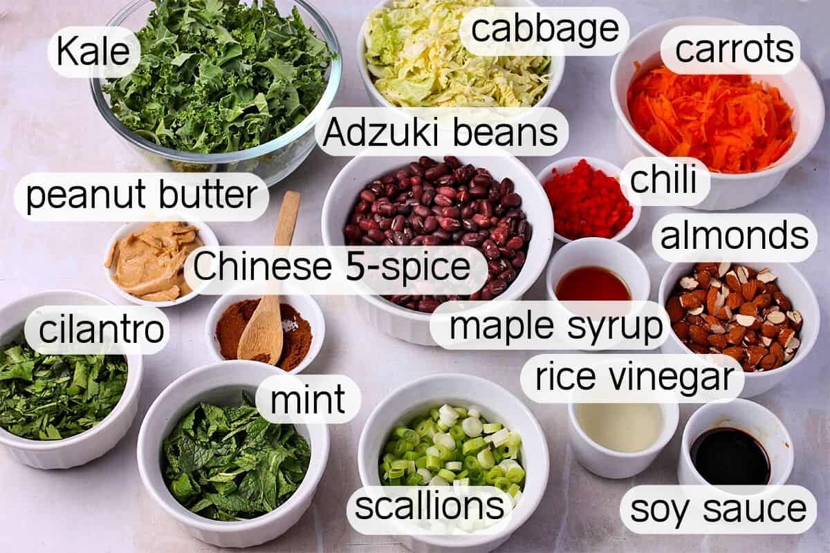The ingredients for Asian kale salad in bowls with labels.