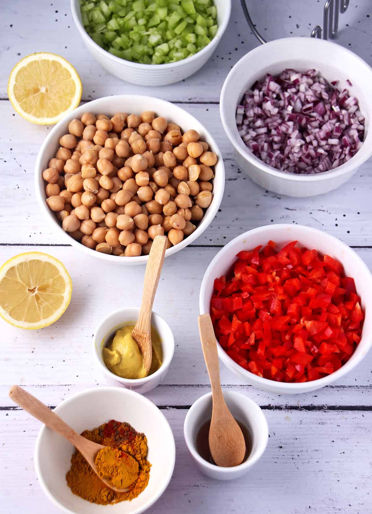The ingredients for vegan Indian chickpea salad.