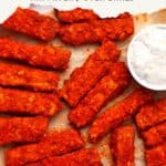 A plate of Buffalo tofu with ranch dipping sauce and text overlay of the recipe title.