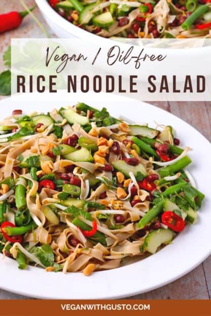 Rice noodle salad in a white bowl with text overlay of the website and recipe title.