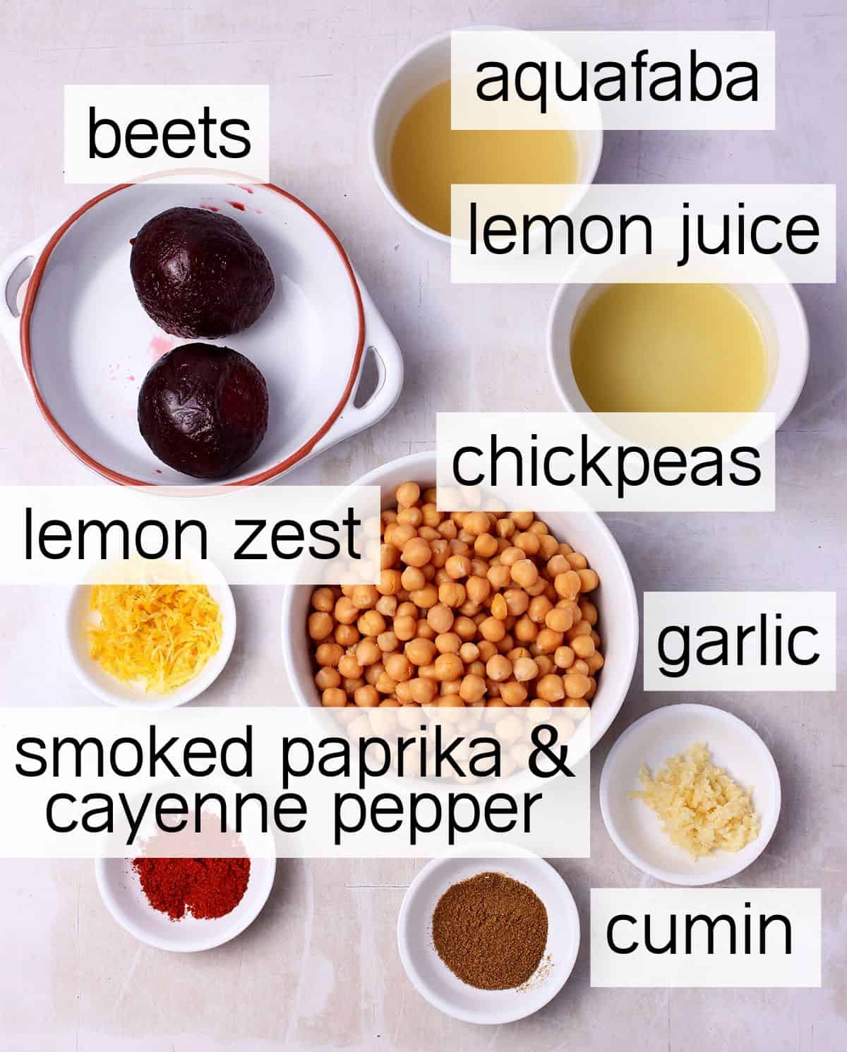 Beet hummus ingredients with labels. 