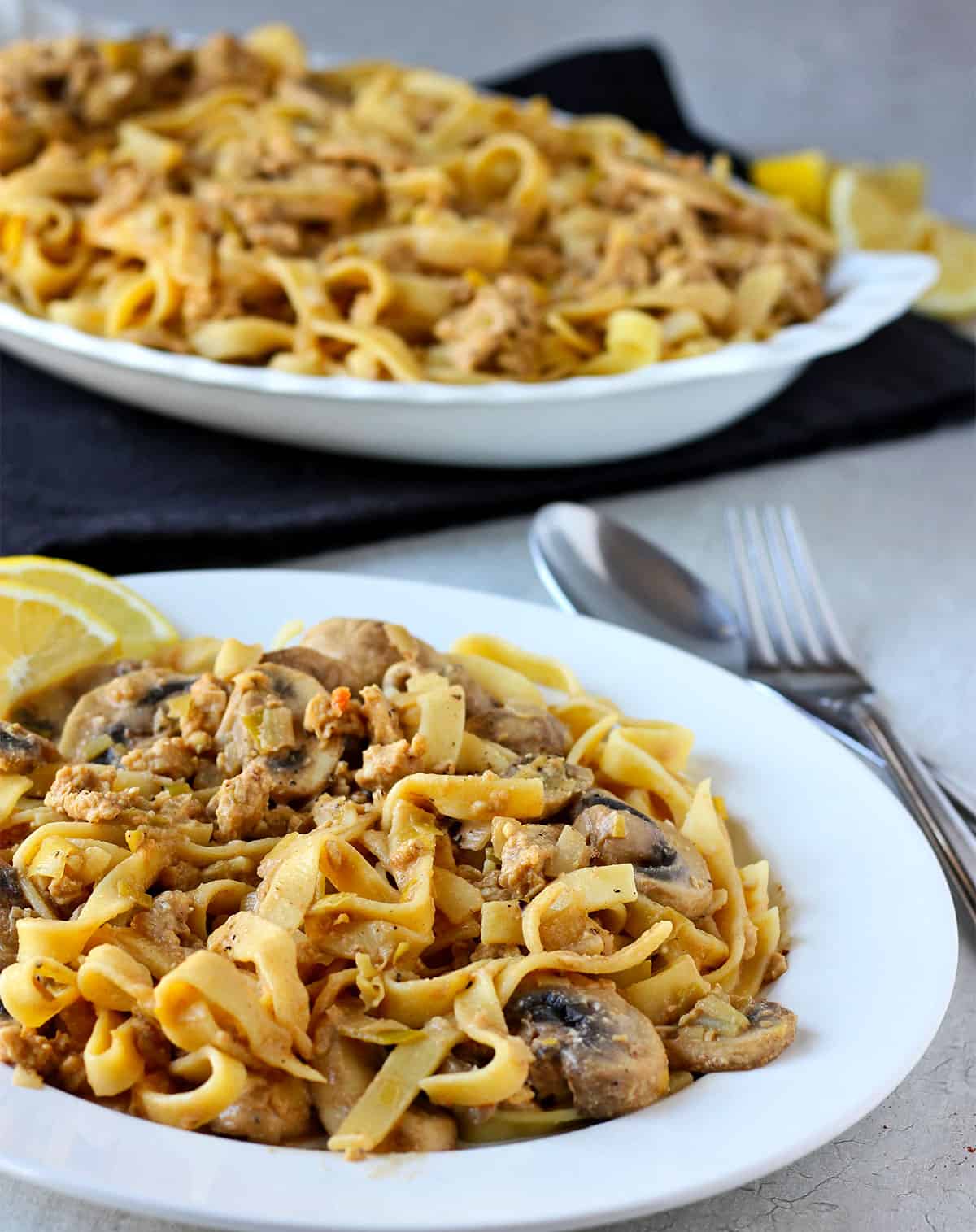 A bowl of mushroom stroganoff with pasta noodles.
