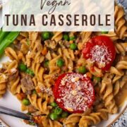 Vegan tuna casserole with pasta on a plate with steamed broccoli and text overlay with recipe title and website.