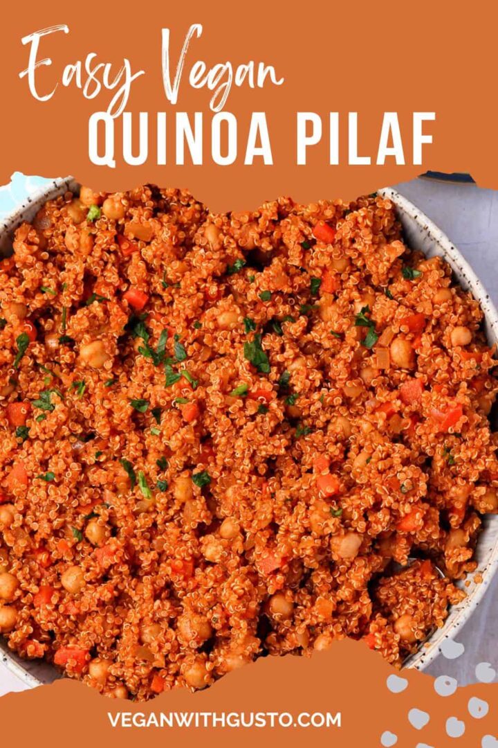 Quinoa pilaf with chickpeas and diced carrots in a bowl with text overlay of the recipe title.