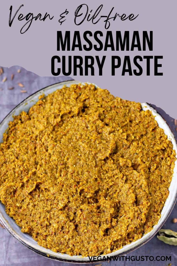 A bowl of Massaman curry paste with text overlay of recipe title.