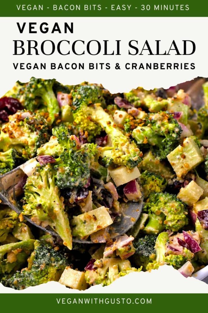 Close up of broccoli salad with cranberries and bacon bits with a spoon and text overlay with recipe title and website.