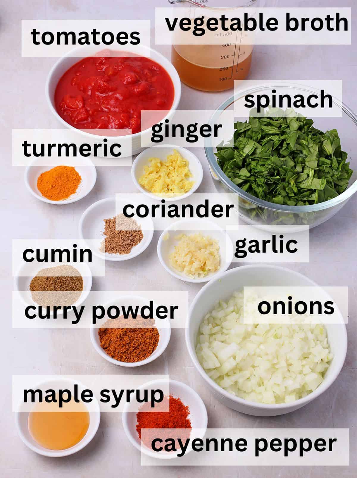 The ingredients for Indian curry sauce with labels.