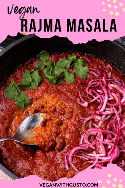 A picture of rajma curry with text overlay of the title and website.