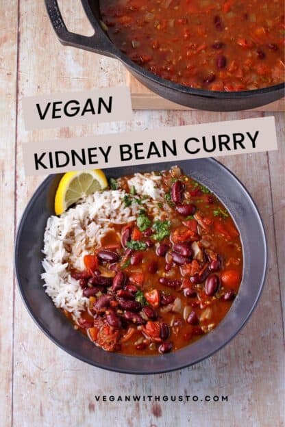 A bowl of kidney bean curry with rice and a black pot of curry above it.