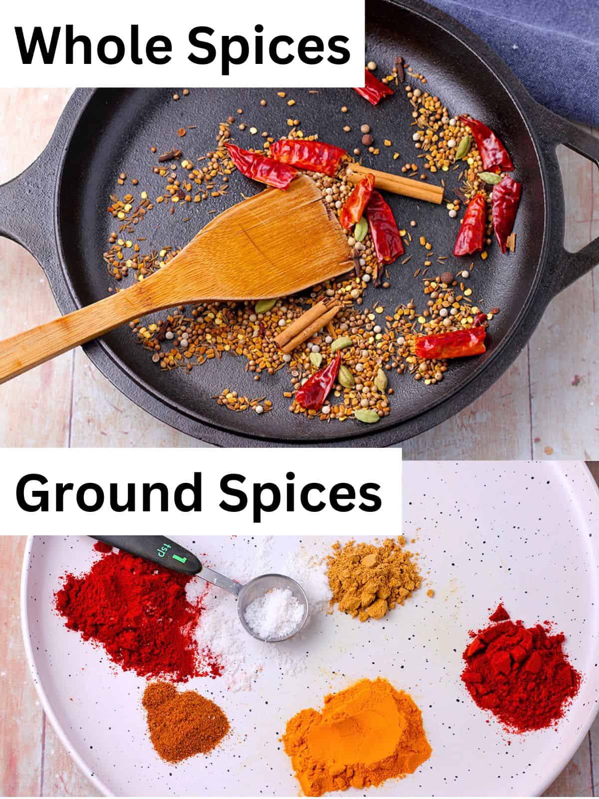 A pan of whole spices and a separate plate of ground spices.