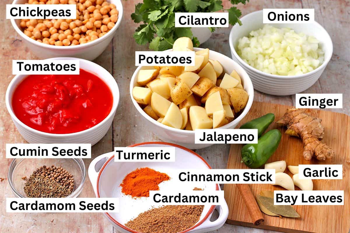 The ingredients for chana aloo with labels.
