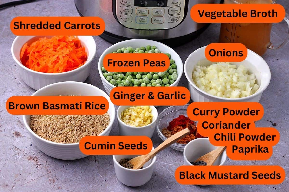 The ingredients for veggie curry rice with labels.