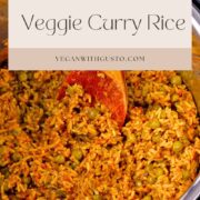 Curry rice with peas in the Instant Pot with text overlay of recipe title.