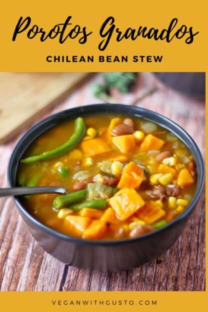 A bowl of stew with sweet potatoes, pinto beans, green beans and corn. Text overlay of recipe title and website.