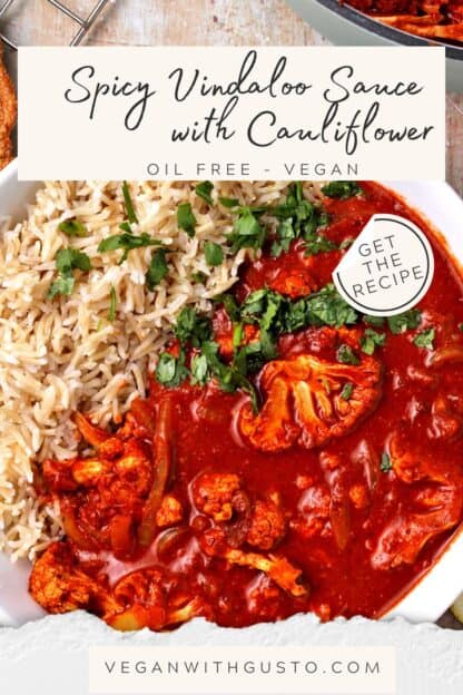 Cauliflower in vindaloo sauce in a bowl with rice. Text overlay with recipe title and website.