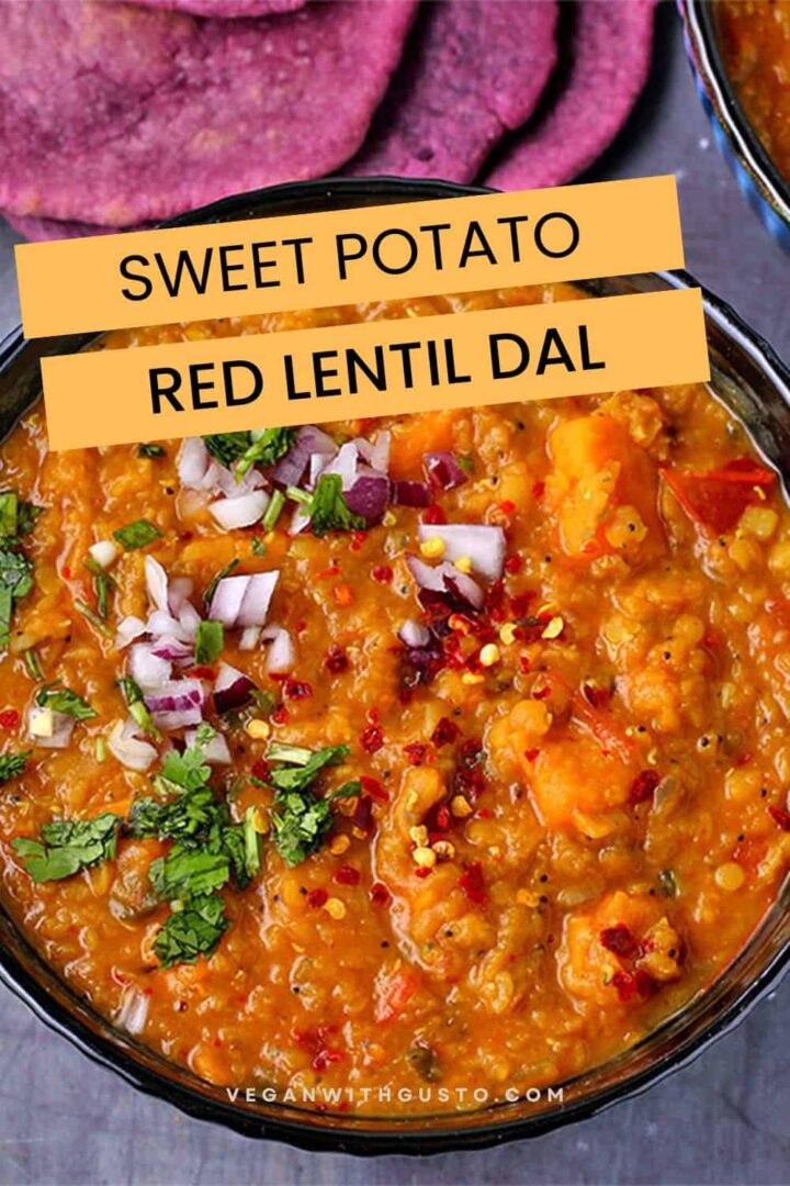 Red lentil and sweet potato dal in a bowl with text overlay of recipe title.
