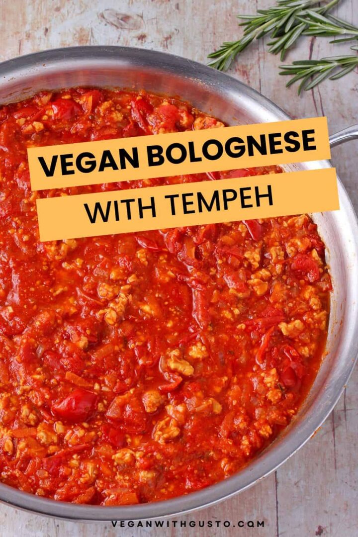 Vegan Bolognese sauce with tempeh in a pan.