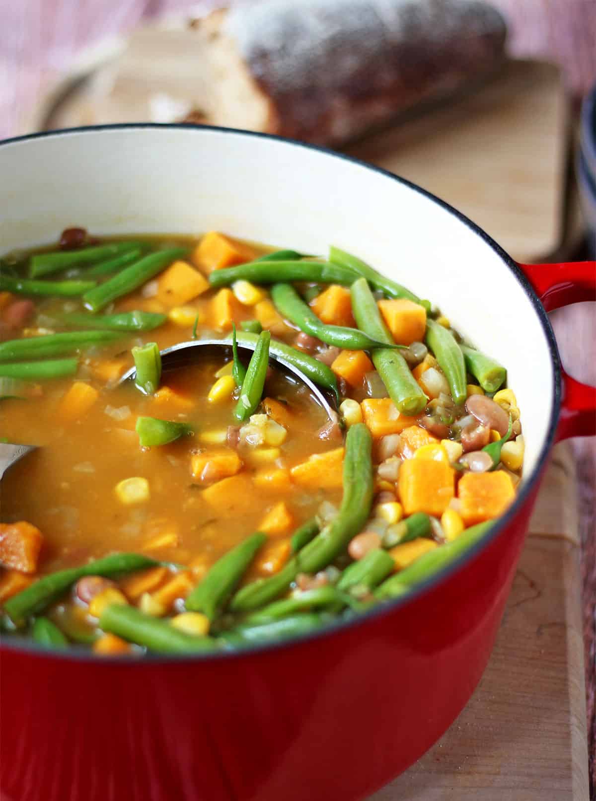 A pot of stew with green beans, pinto beans, sweet potatoes, and pinto beans with a ladle.
