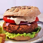 Tempeh burger in a bun with lettuce, tomato, red onion, and aioli.
