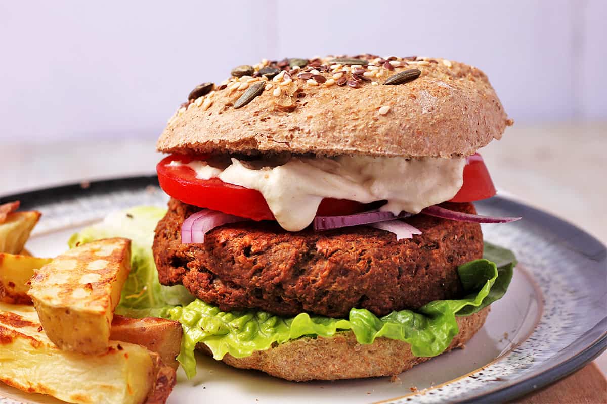 A tempeh burger patty in a bun with lettuce, tomato, red onion, and aioli.