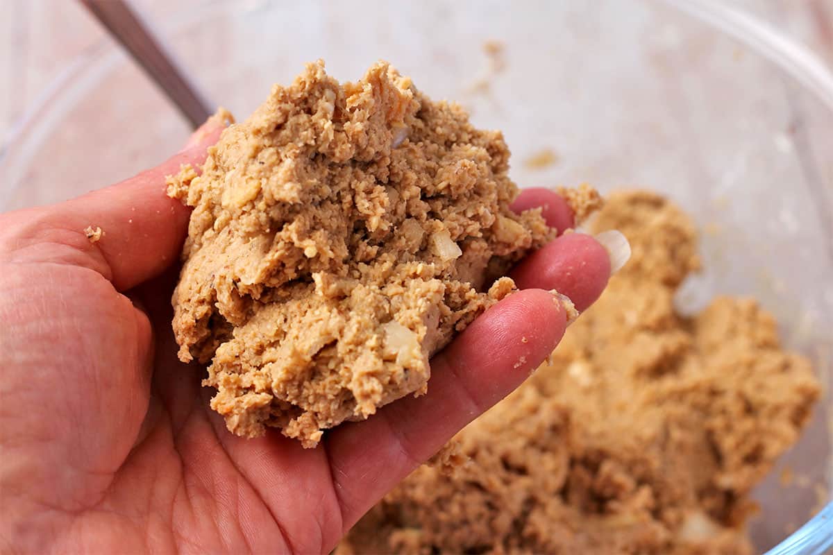 A ball of tempeh burger mixture is held in hand.