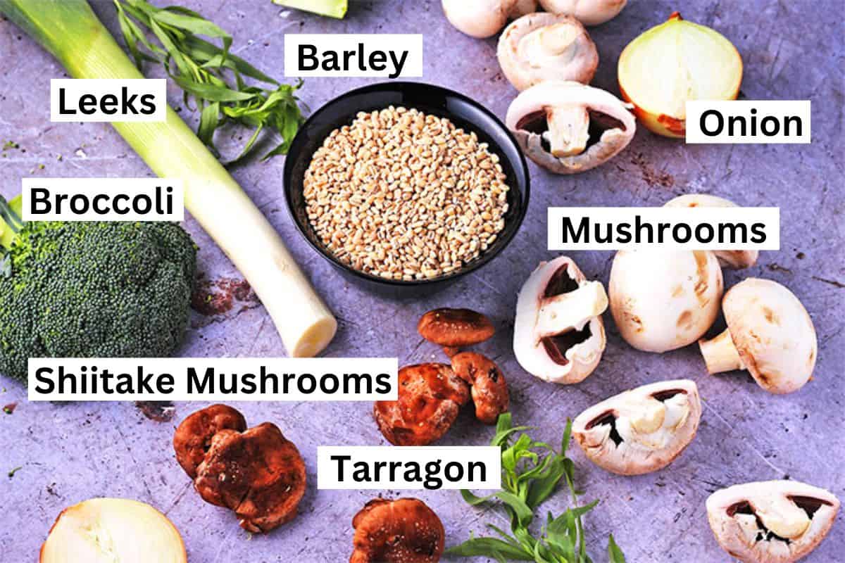 The ingredients for mushroom barley stew with labels.