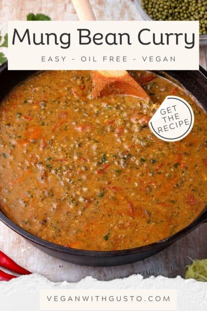 Mung bean curry in a cast iron pan is stirred with a wooden spoon. Text overlay of recipe title and website.