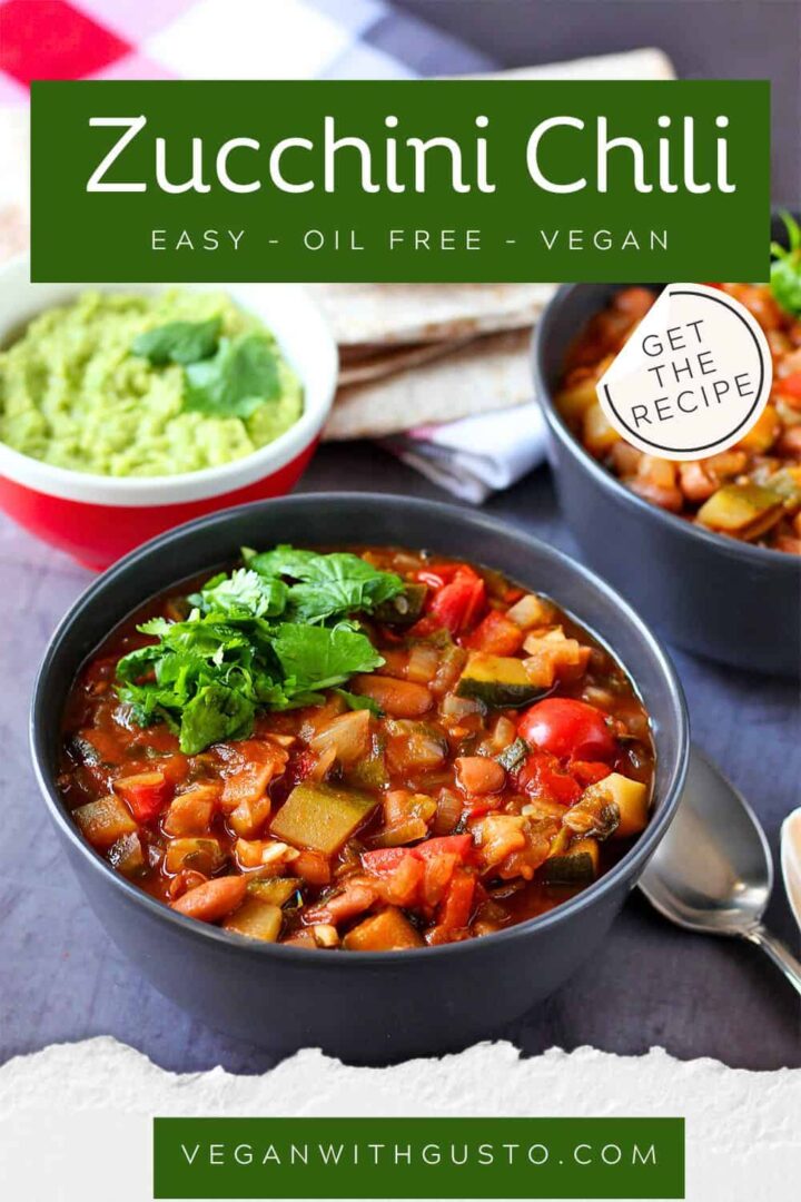 A bowl of zucchini chili with text overlay of recipe title and website.