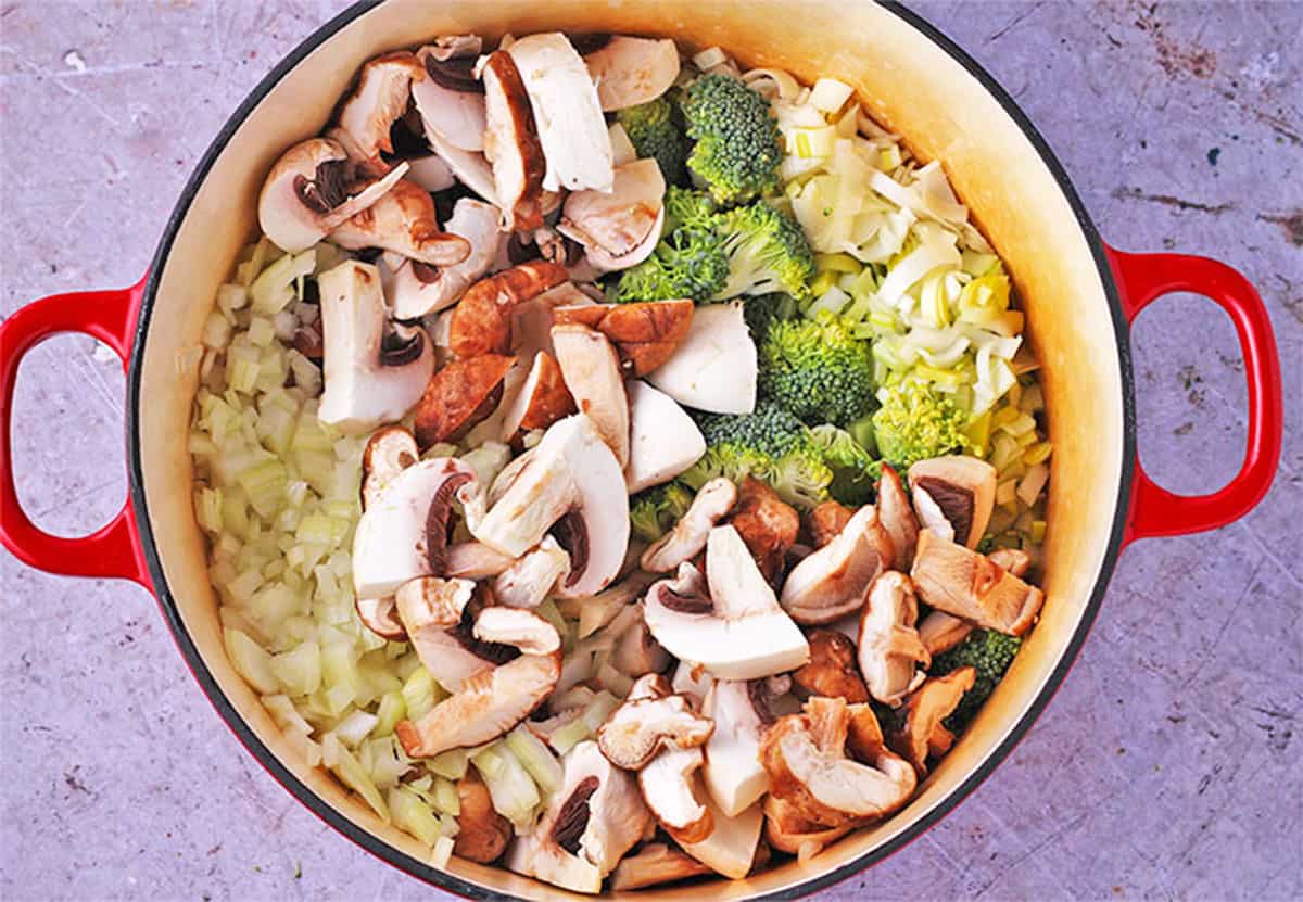 Onions, mushrooms, and broccoli in cooking pot.