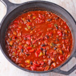 Black bean chili with tomatoes and zucchini.