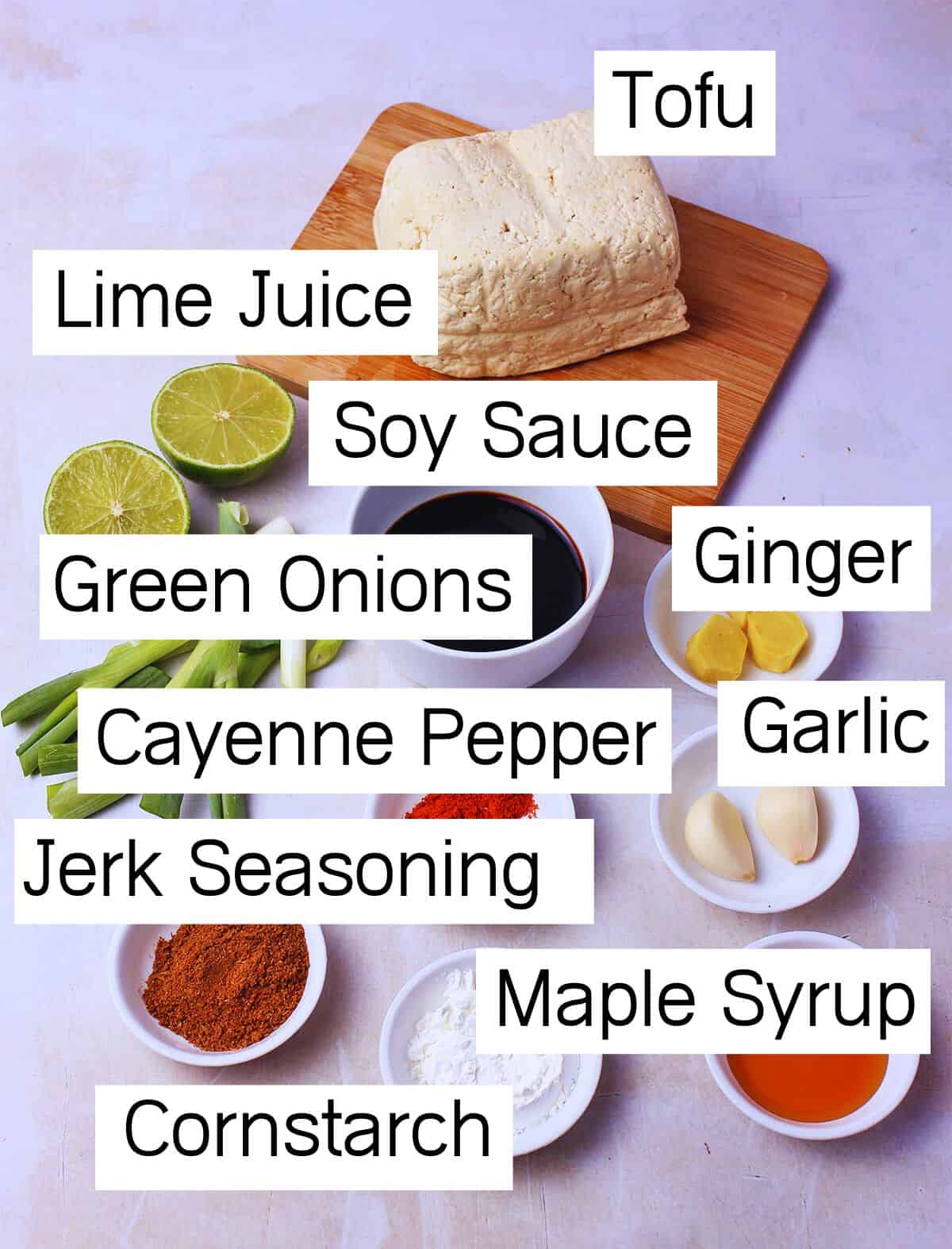 The ingredients for jerk tofu with ingredient labels.