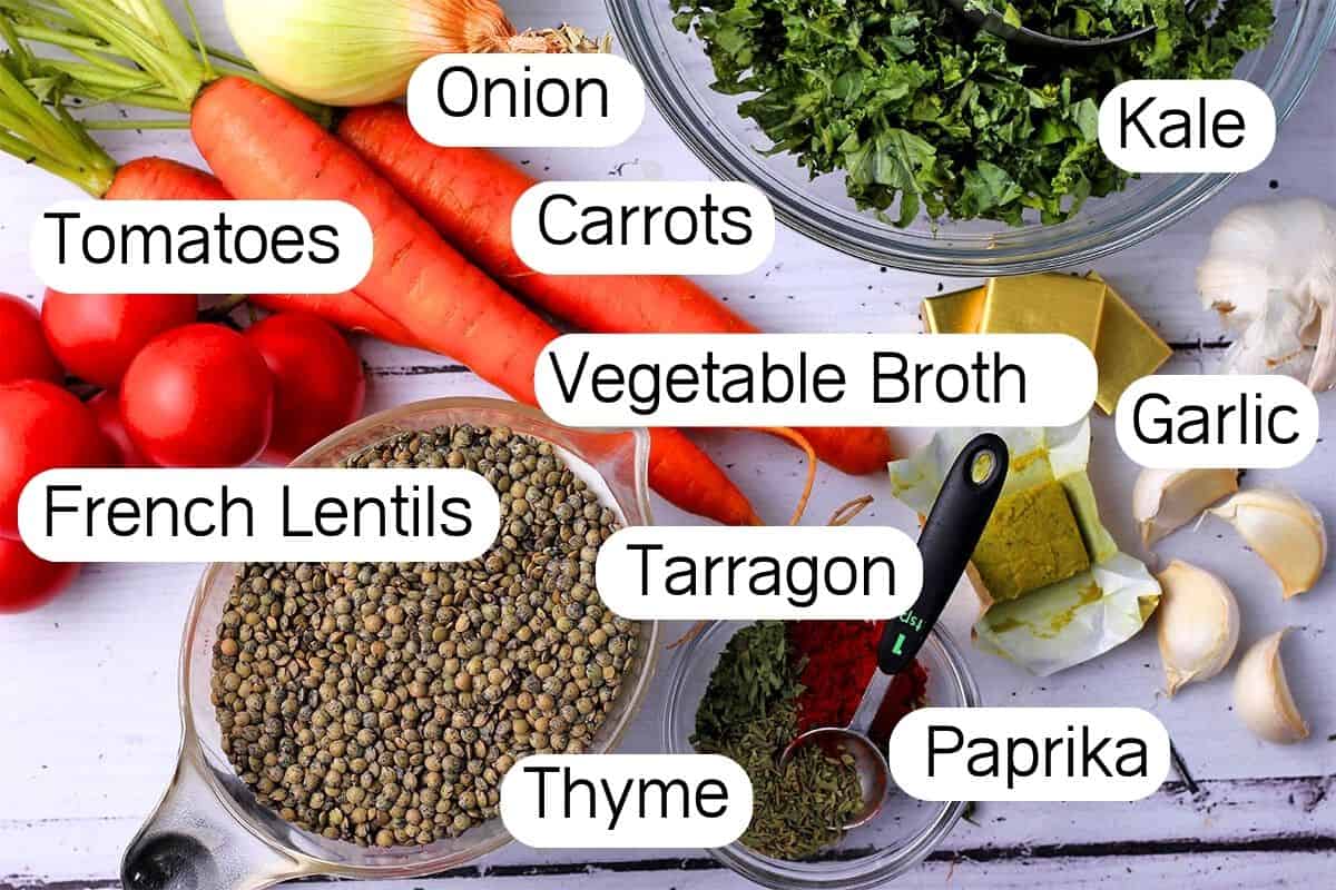 The ingredients for French lentil soup with labels.