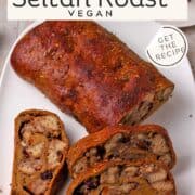 Slices of stuffed seitan roast on a white plate. Text overlay of recipe title and website included on the photo.