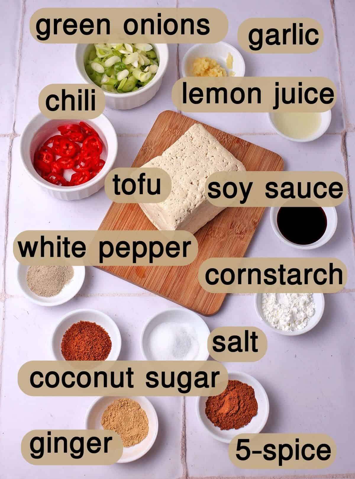 Ingredients for salt and pepper tofu with labels.