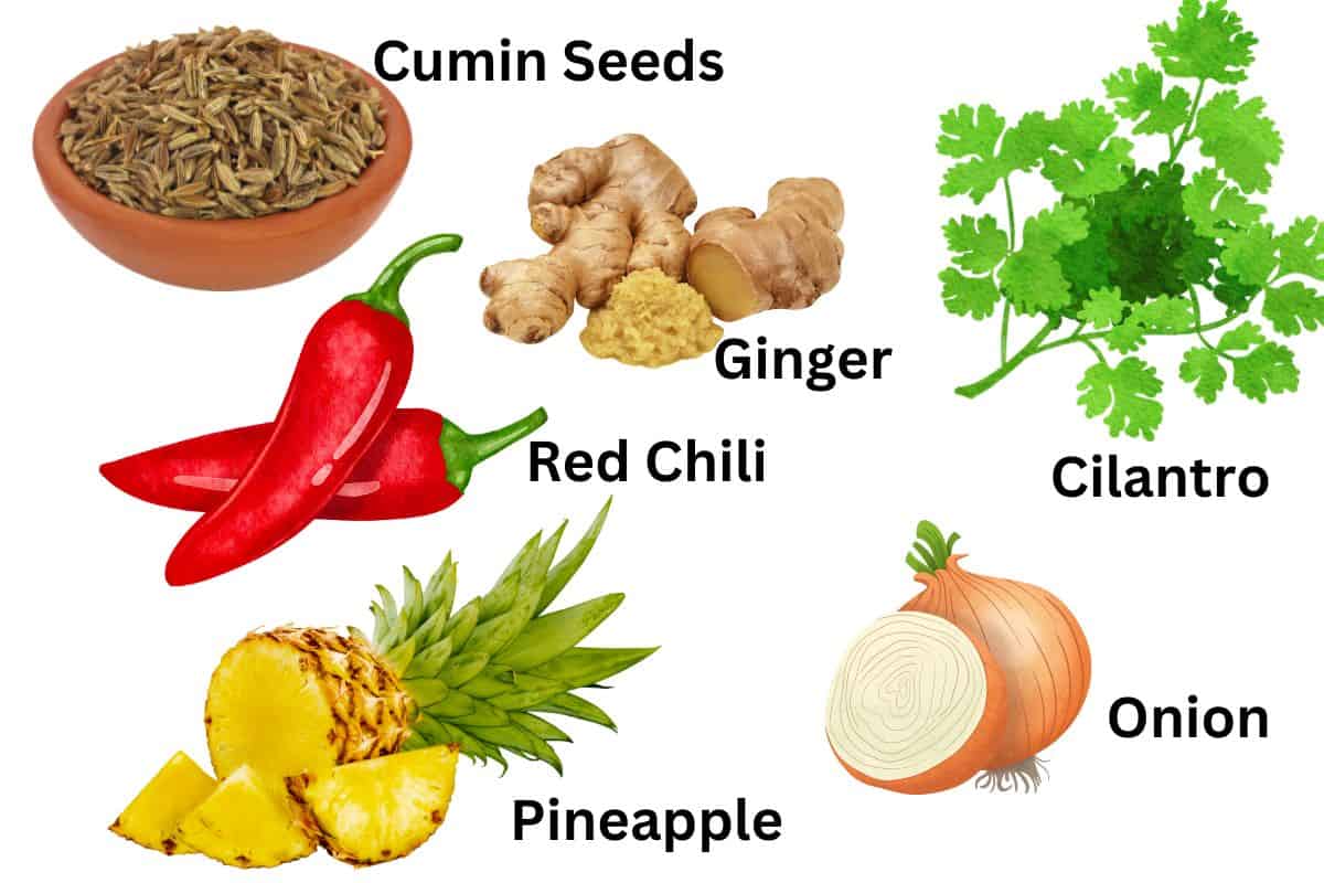 Ingredients for pineapple chutney with labels.